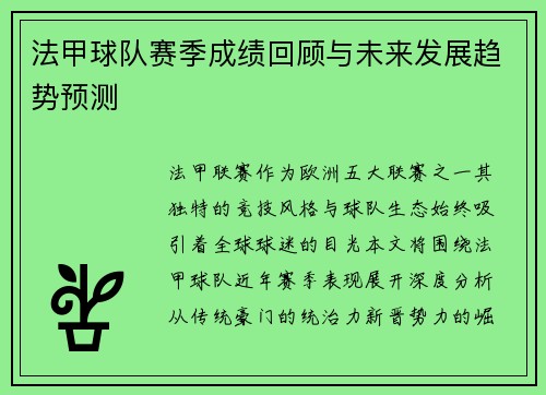 法甲球队赛季成绩回顾与未来发展趋势预测
